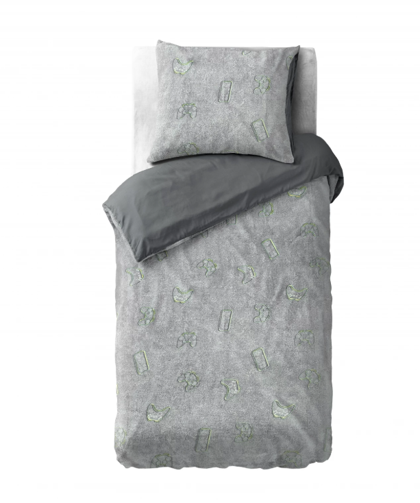 Teddy Fleece kinderdekbedovertrek - Glow in the dark - Games - Grijs - 1-persoons (140x220 + 60x70 cm)