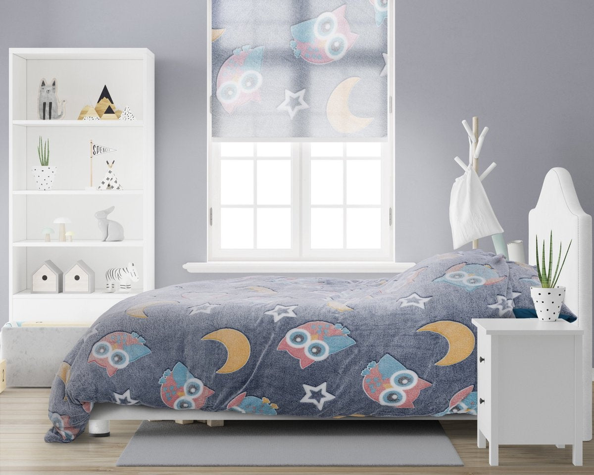 Teddy Fleece kinderdekbedovertrek - Glow in the dark - Owl - Blauw - 1-persoons (140x220 + 60x70 cm)