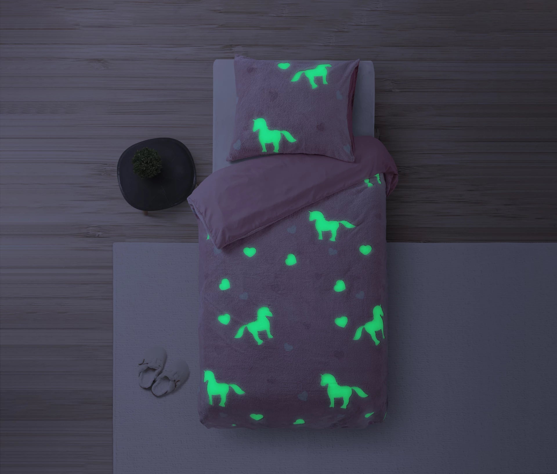 Teddy Fleece dekbedovertrek - Glow in the dark - Unicorn - Roze - 1-persoons (140x220 + 60x70 cm)