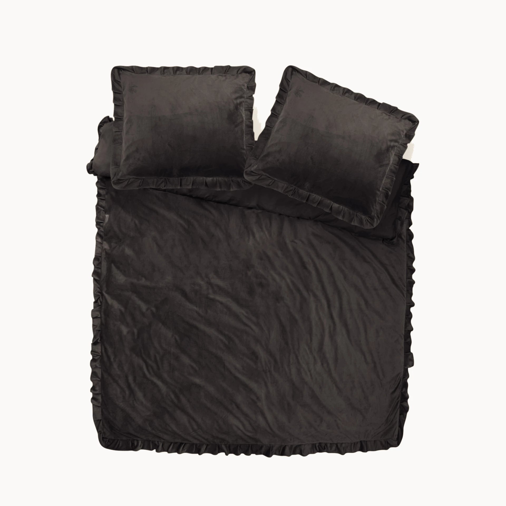 Velvet dekbedovertrek ruffles - zwart/bruin