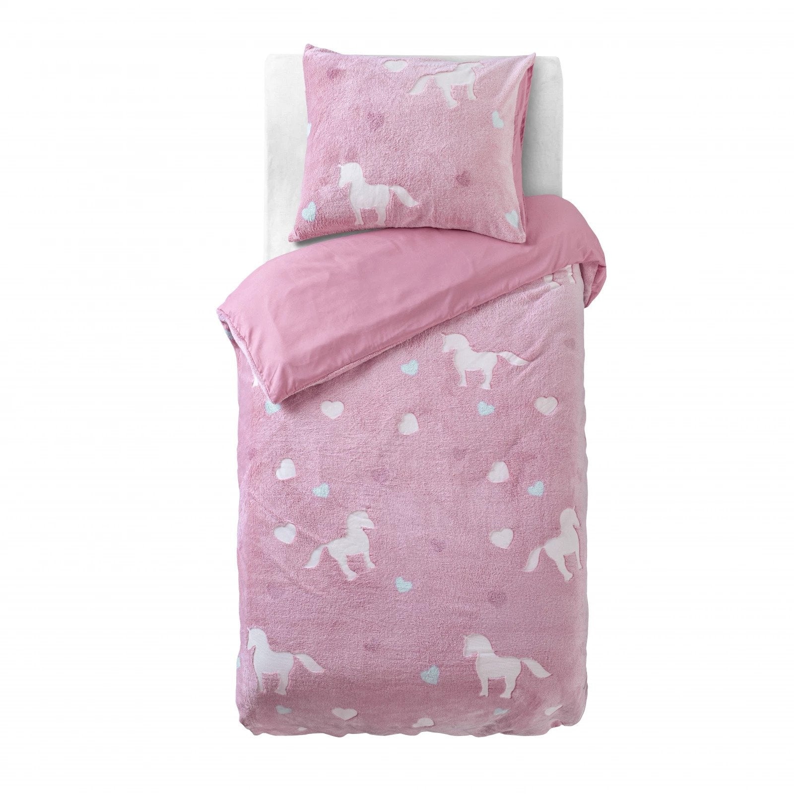 Teddy Fleece dekbedovertrek - Glow in the dark - Unicorn - Roze - 1-persoons (140x220 + 60x70 cm)