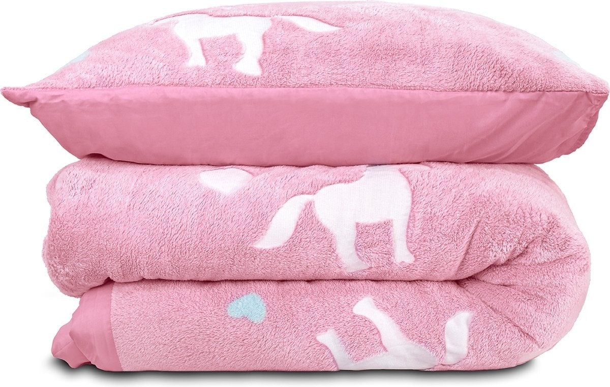 Teddy Fleece dekbedovertrek - Glow in the dark - Unicorn - Roze - 1-persoons (140x220 + 60x70 cm)
