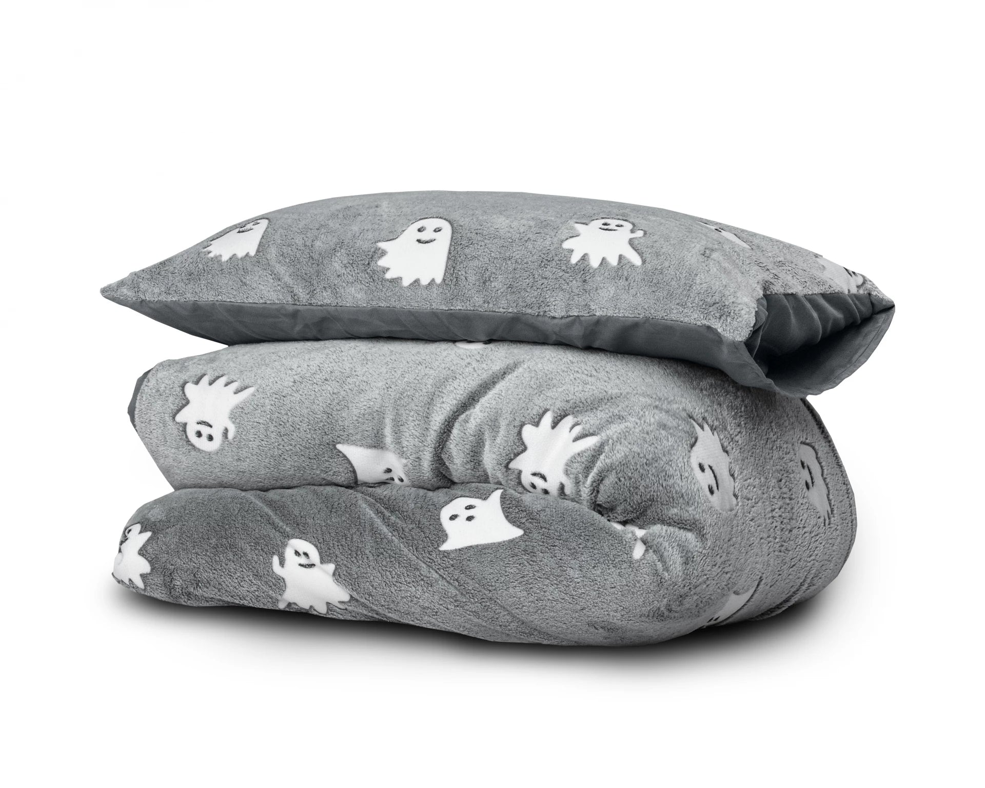Teddy Fleece kinderdekbedovertrek - Glow in the dark - Spookjes - Grijs - 1-persoons (140x220 + 60x70 cm)