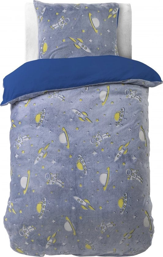 Teddy Fleece kinderdekbedovertrek - Glow in the dark - Space - Blauw - 1-persoons (140x220 + 60x70 cm)