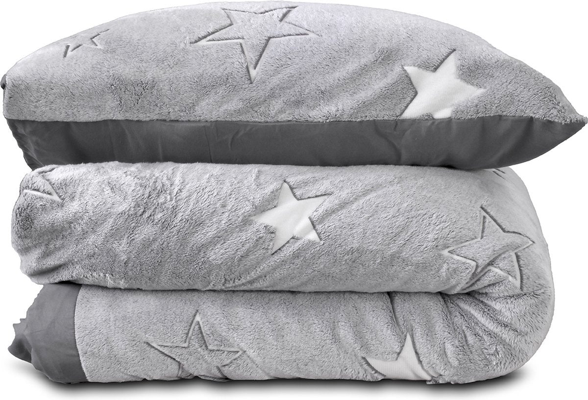 Teddy Fleece kinderdekbedovertrek - Glow in the dark - Stars - Grijs - 1-persoons (140x220 + 60x70 cm)