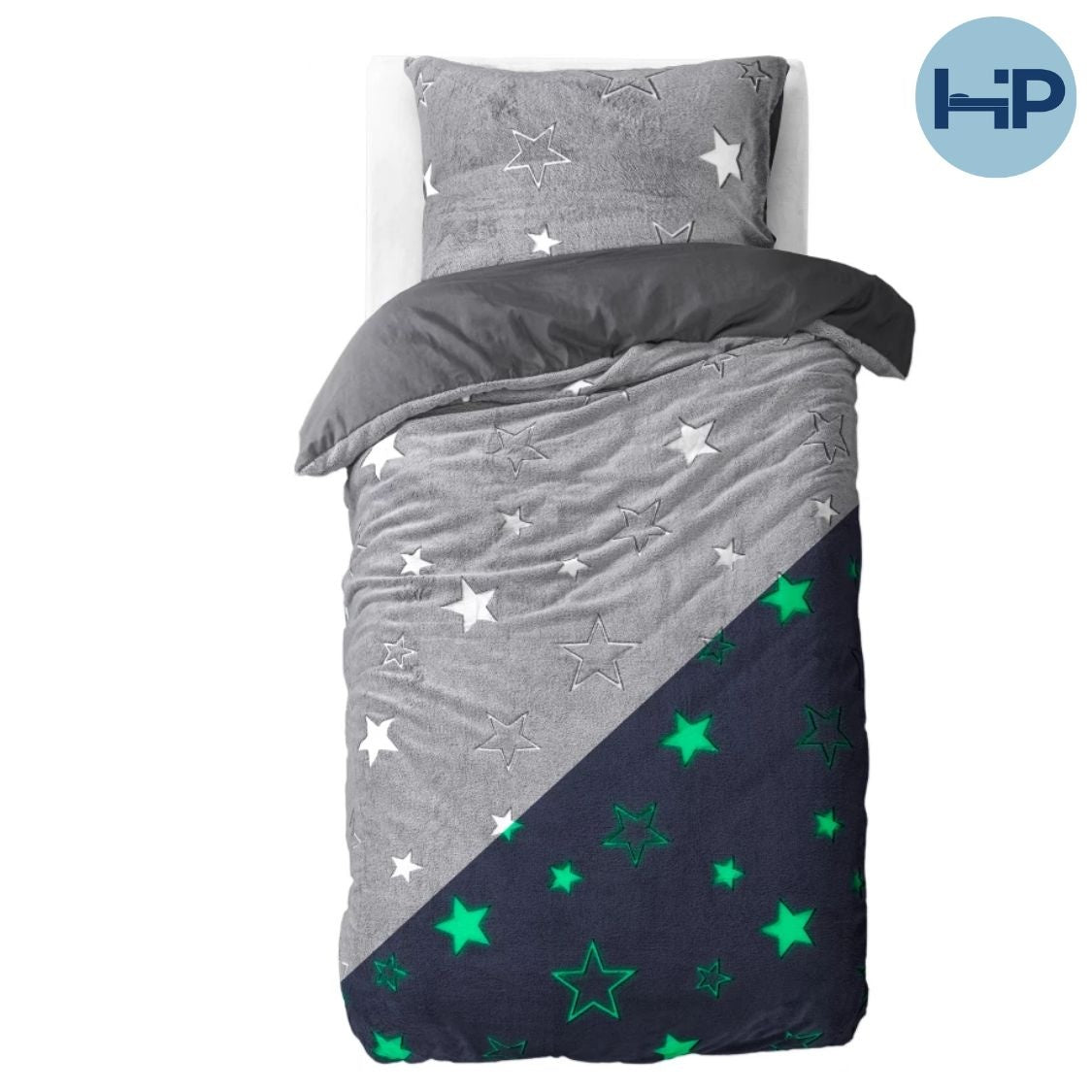 Teddy Fleece kinderdekbedovertrek - Glow in the dark - Stars - Grijs - 1-persoons (140x220 + 60x70 cm)