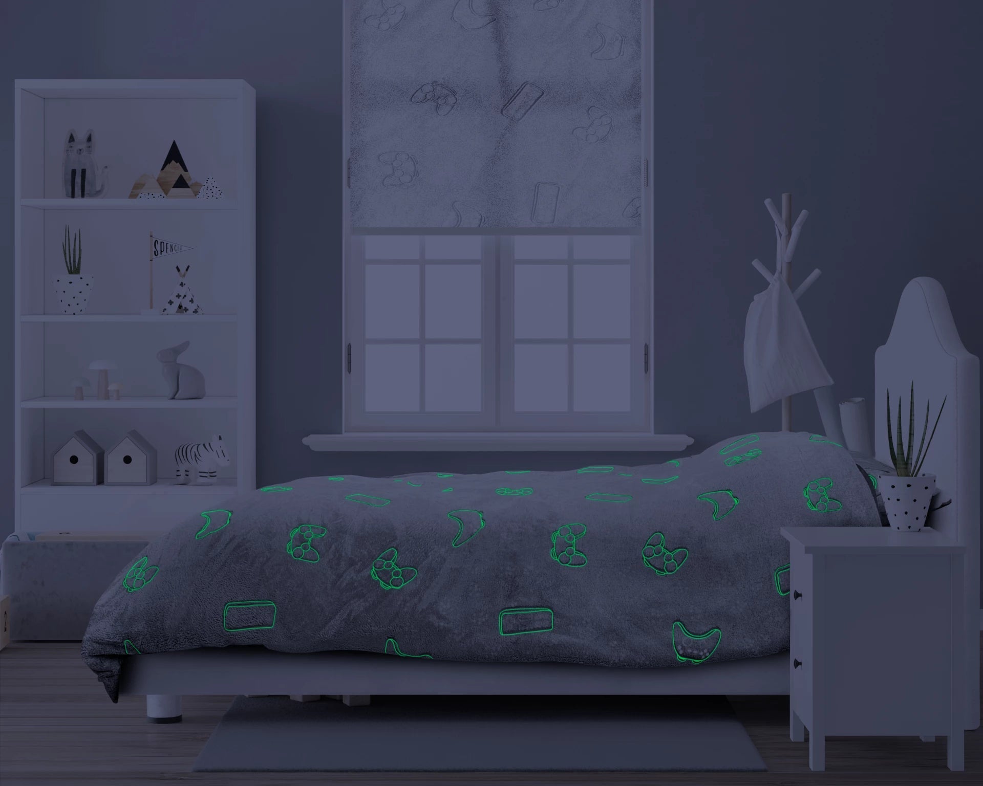 Teddy Fleece kinderdekbedovertrek - Glow in the dark - Games - Grijs - 1-persoons (140x220 + 60x70 cm)