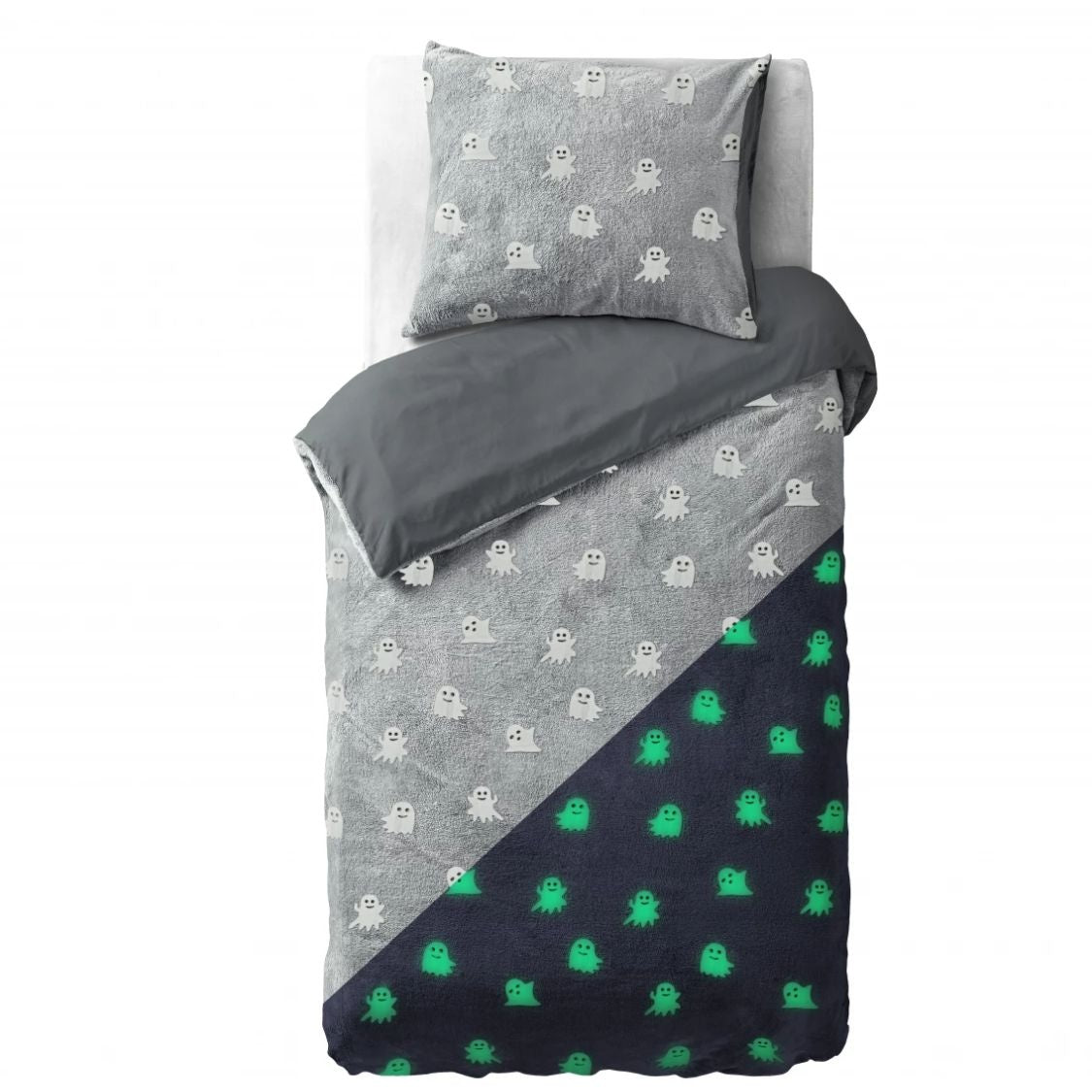 Teddy Fleece kinderdekbedovertrek - Glow in the dark - Spookjes - Grijs - 1-persoons (140x220 + 60x70 cm)