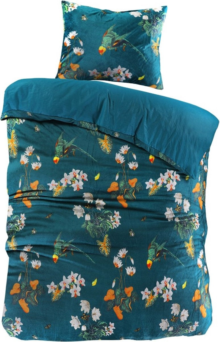 Velvet dekbedovertrek Parrot - Petrol - Bloemen