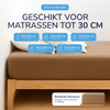 Een Teddy fleece hoeslaken - mink op een houten bed met witte kussens. Nederlandse tekst benadrukt de geschiktheid voor matrassen tot 30 cm dik en vermeldt diverse maten voor één of twee personen.
