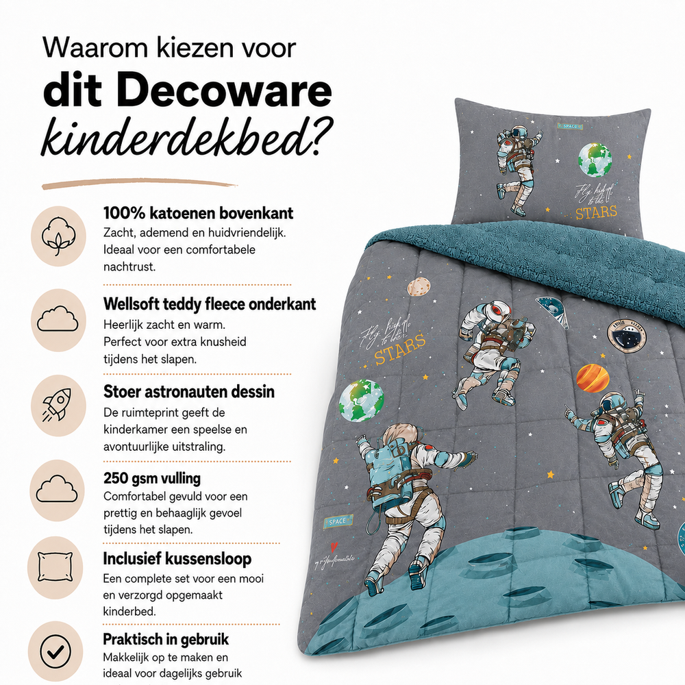 Decoware kinderdekbed zonder overtrek Space - Teddy - Katoen - Incl. kussensloop - 140x220 cm