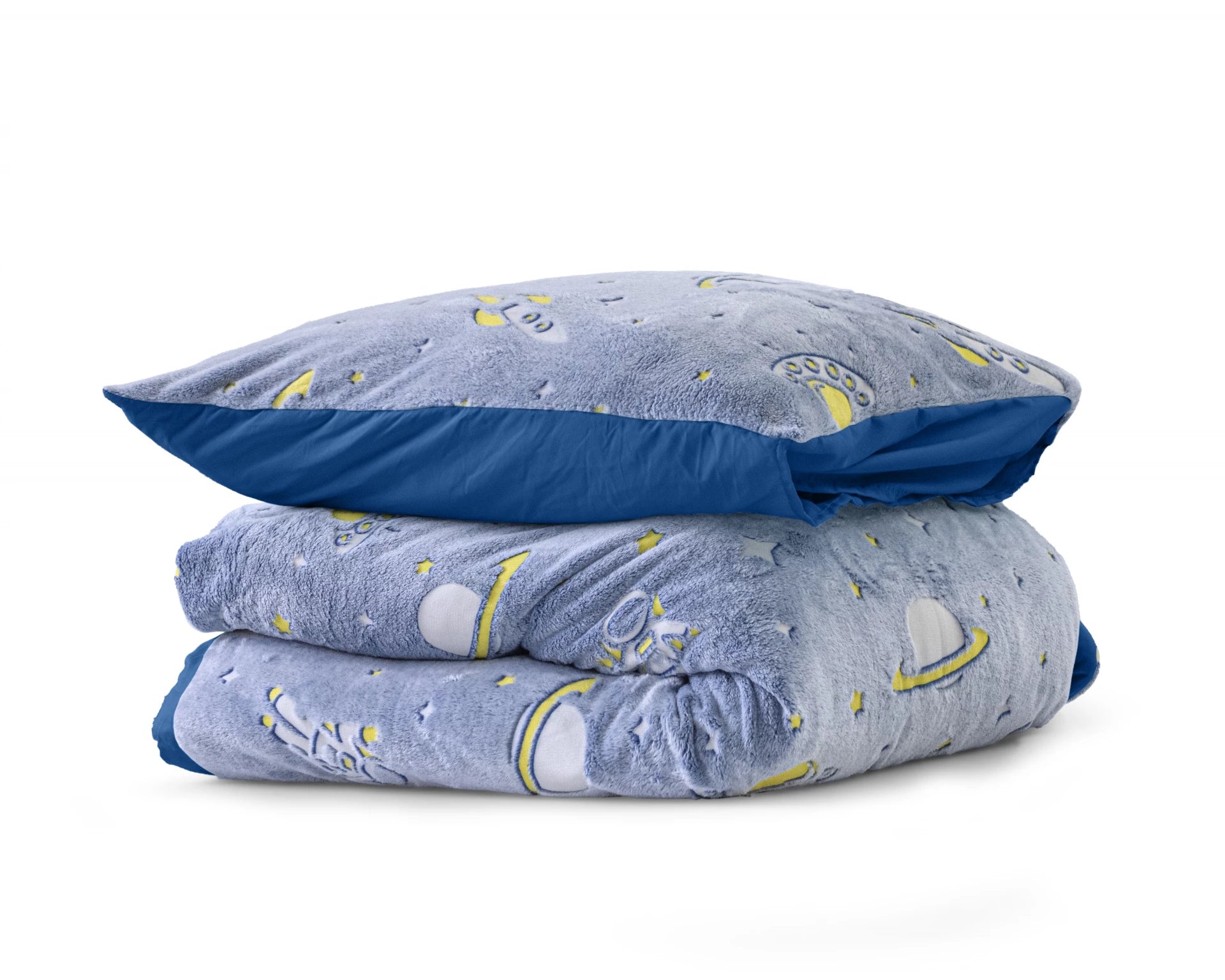Teddy Fleece kinderdekbedovertrek - Glow in the dark - Space - Blauw - 1-persoons (140x220 + 60x70 cm)