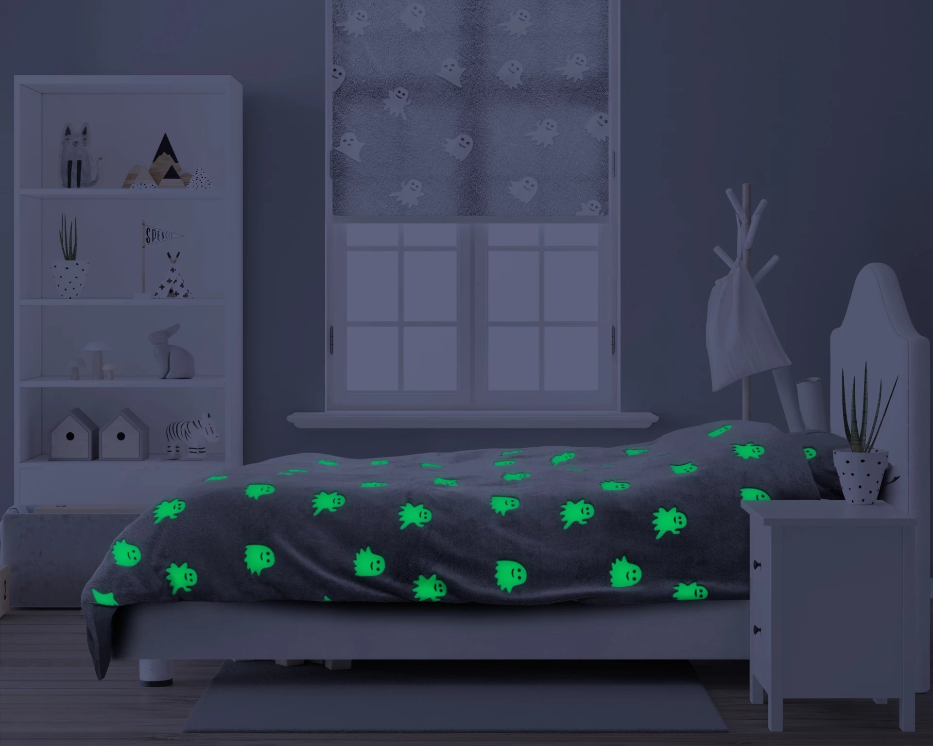 Teddy Fleece kinderdekbedovertrek - Glow in the dark - Spookjes - Grijs - 1-persoons (140x220 + 60x70 cm)