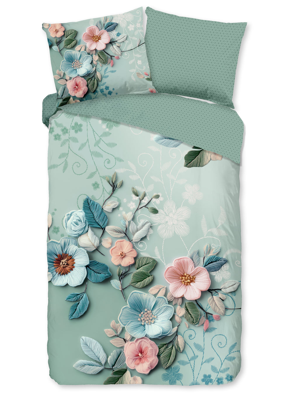 groen dekbedovertrek geborduurde bloemen