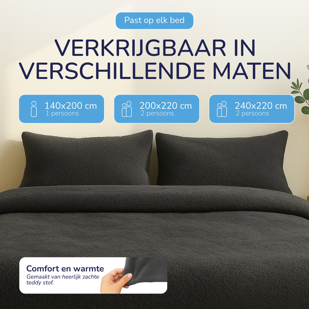 Teddy fleece dekbedovertrek - antraciet - 2 kanten teddy
