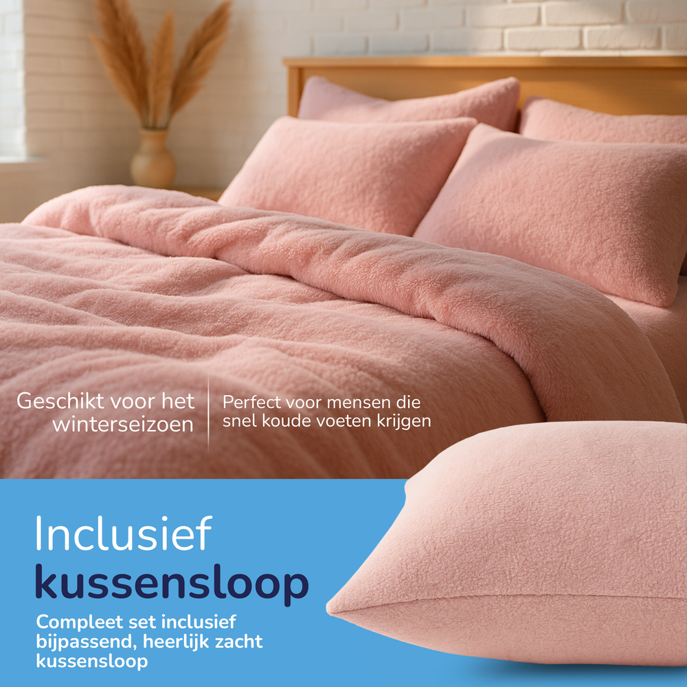 Teddy fleece dekbedovertrek - licht roze - 2 kanten teddy
