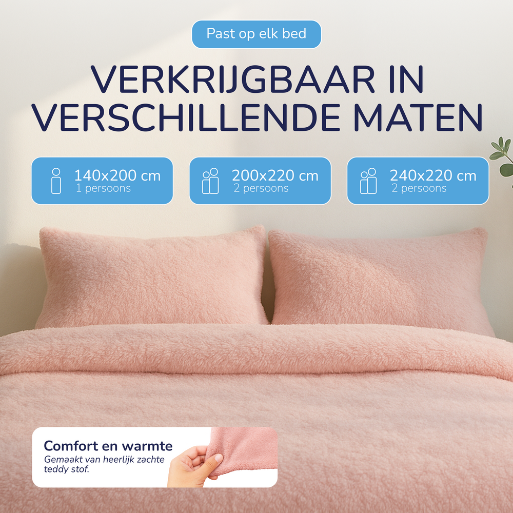 Teddy fleece dekbedovertrek - licht roze - 2 kanten teddy