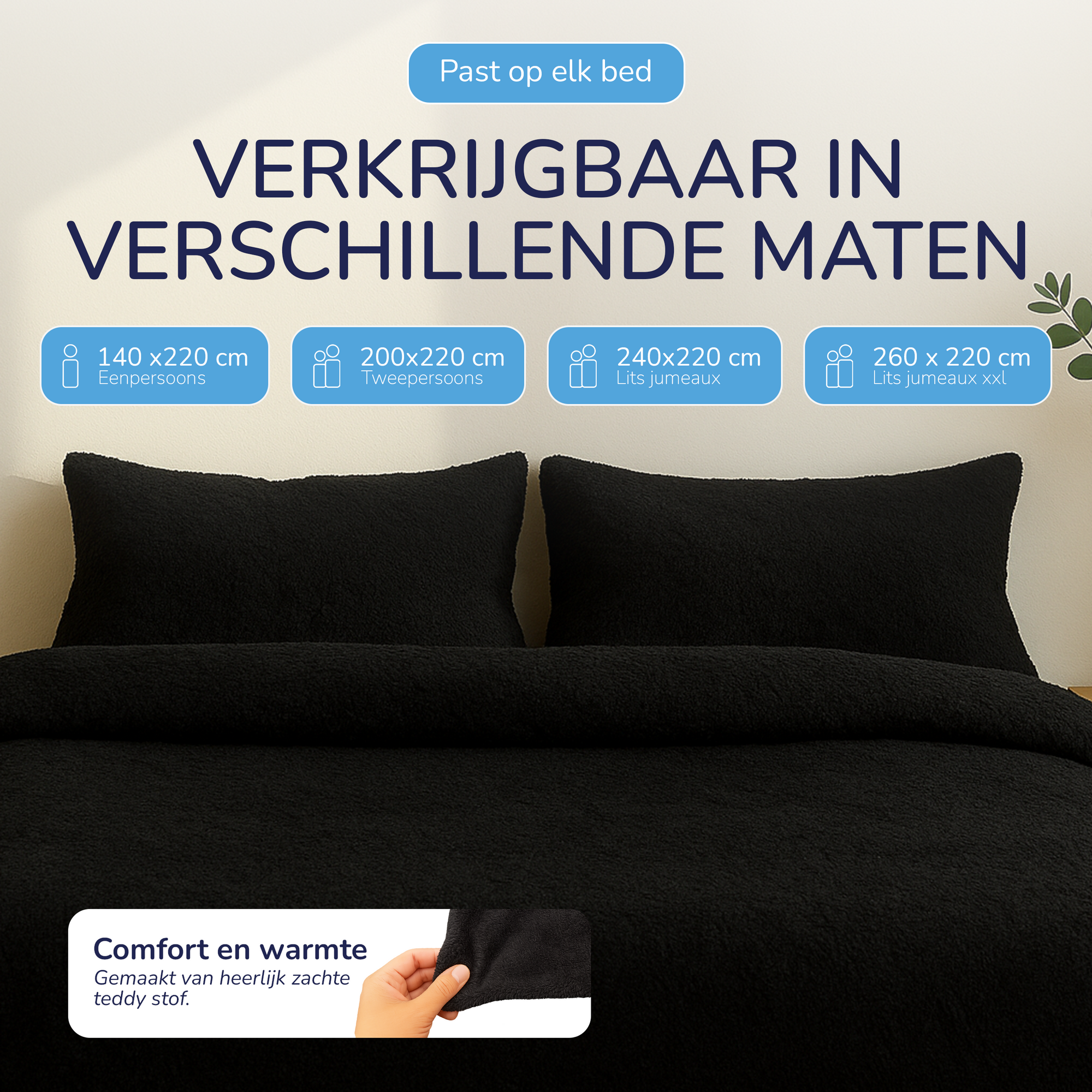 Teddy fleece dekbedovertrek - zwart - 2 kanten teddy