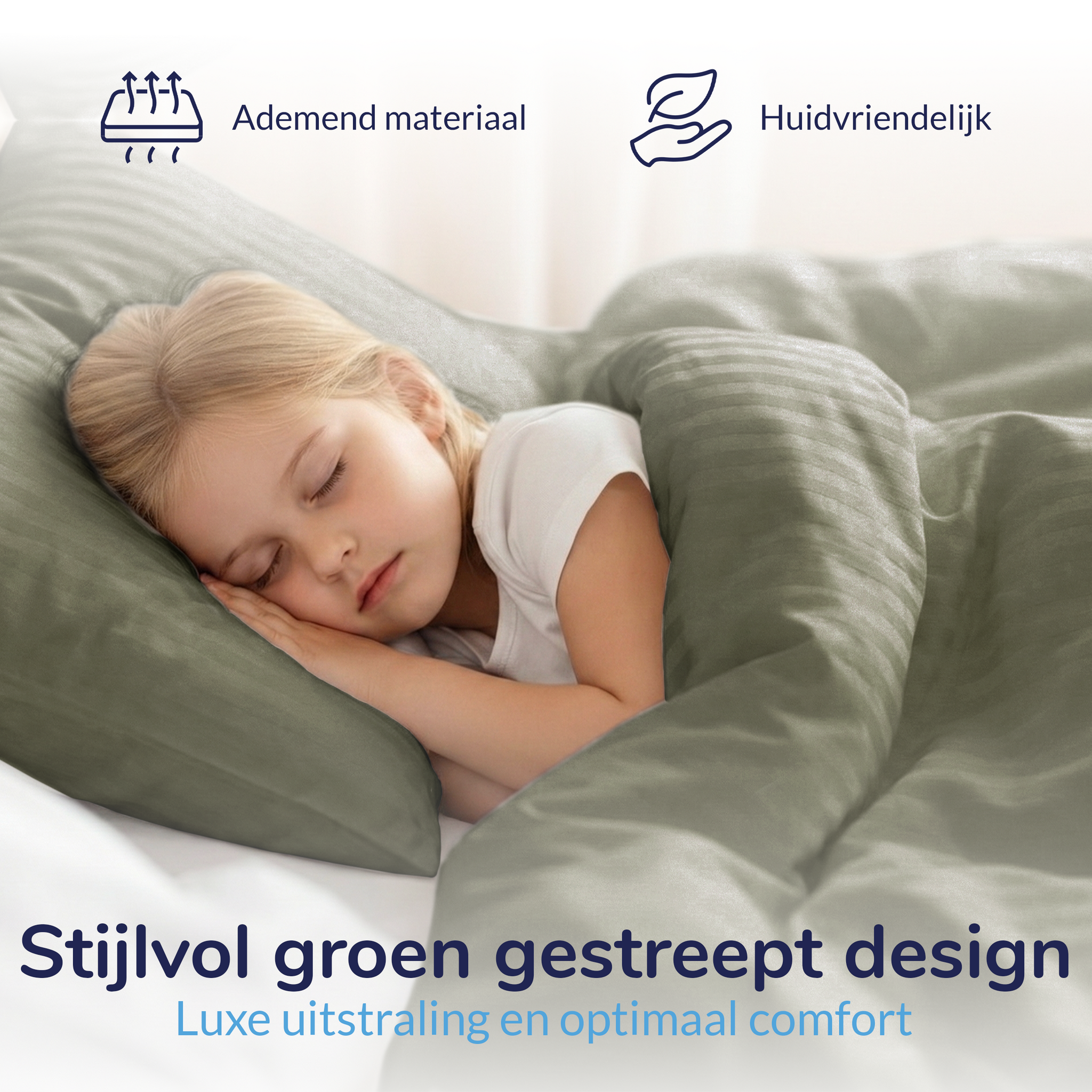 Decoware ledikant dekbedovertrek Hotelstreep - Groen - Katoensatijn - 100x135 + 40x60 cm