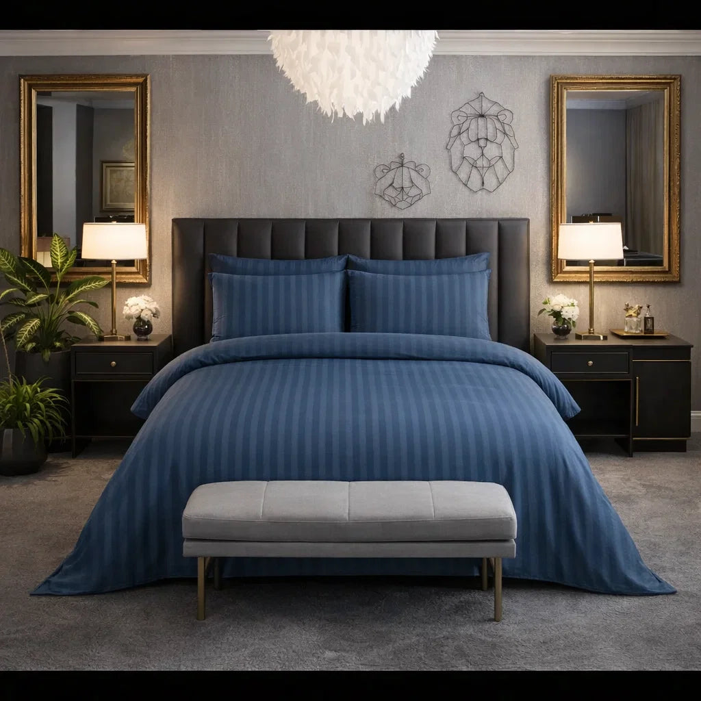 Decoware dekbedovertrek Hotelstreep - Blauw - Katoensatijn