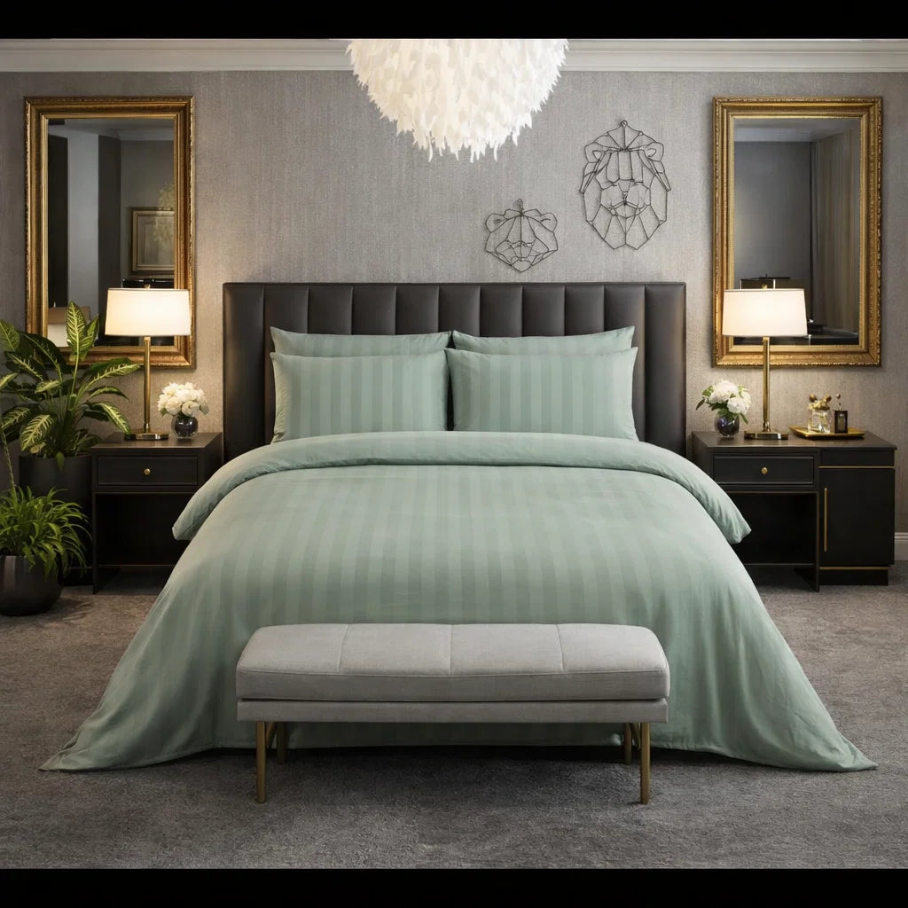 Decoware dekbedovertrek Hotelstreep - lichtgroen - Katoensatijn