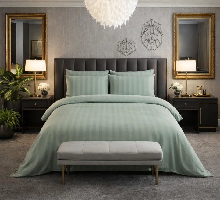 Decoware dekbedovertrek Hotelstreep - lichtgroen - Katoensatijn