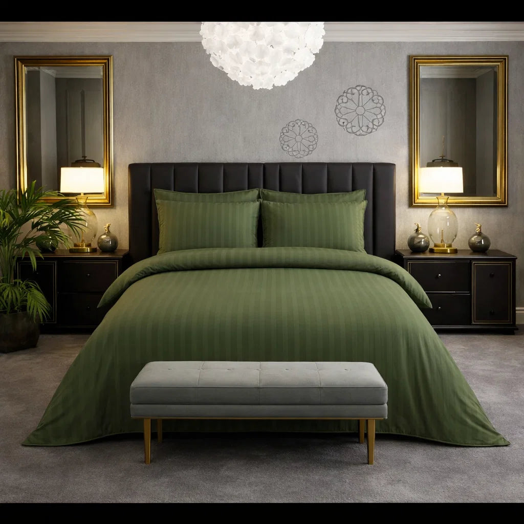 Decoware dekbedovertrek Hotelstreep - Groen - Katoensatijn