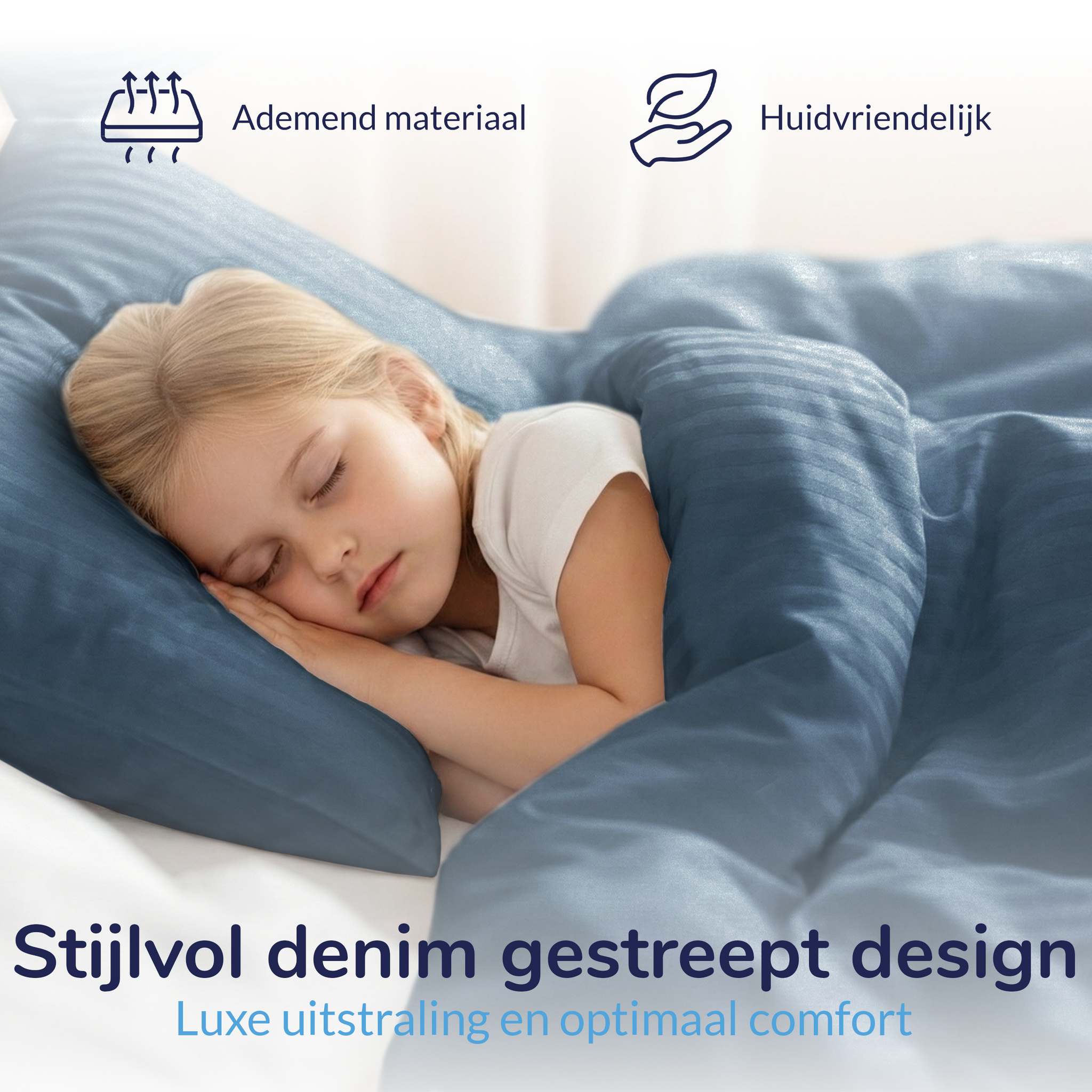 Decoware ledikant dekbedovertrek Hotelstreep - Blauw - Katoensatijn - 100x135 + 40x60 cm