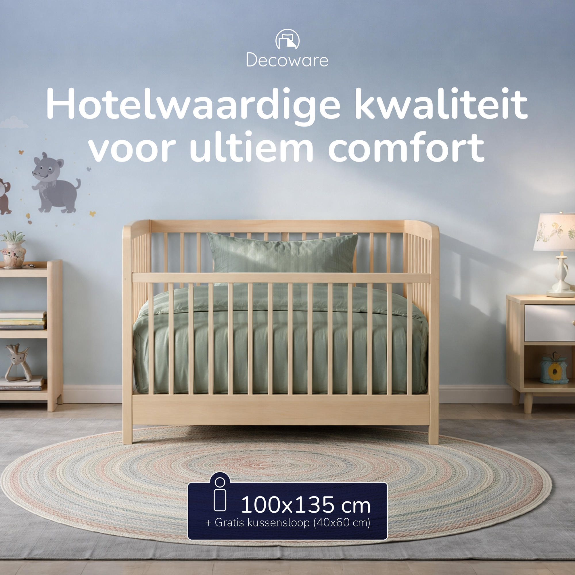Decoware ledikant dekbedovertrek Hotelstreep - Lichtgroen - Katoensatijn - 100x135 + 40x60 cm