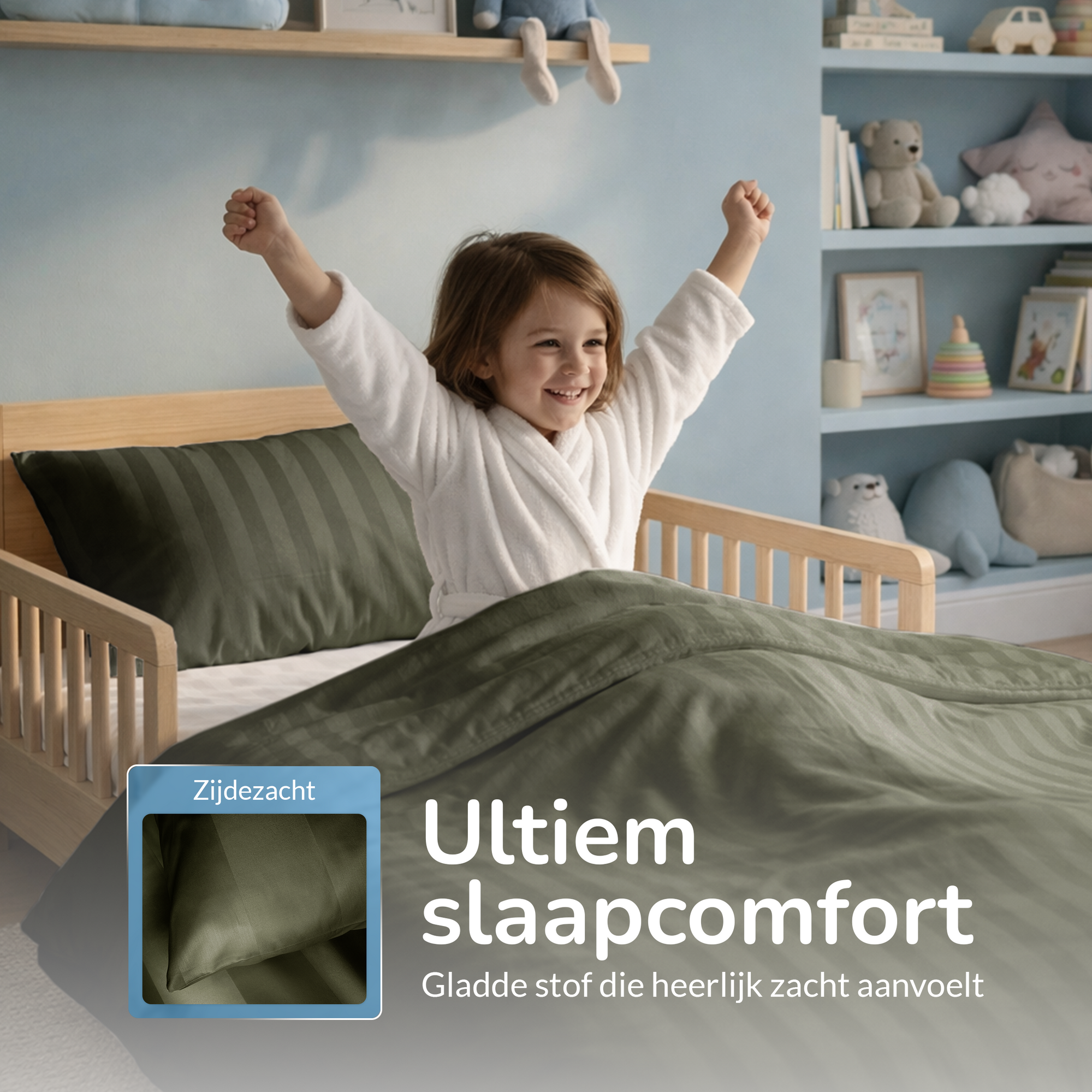 Decoware ledikant dekbedovertrek Hotelstreep - Groen - Katoensatijn - 100x135 + 40x60 cm