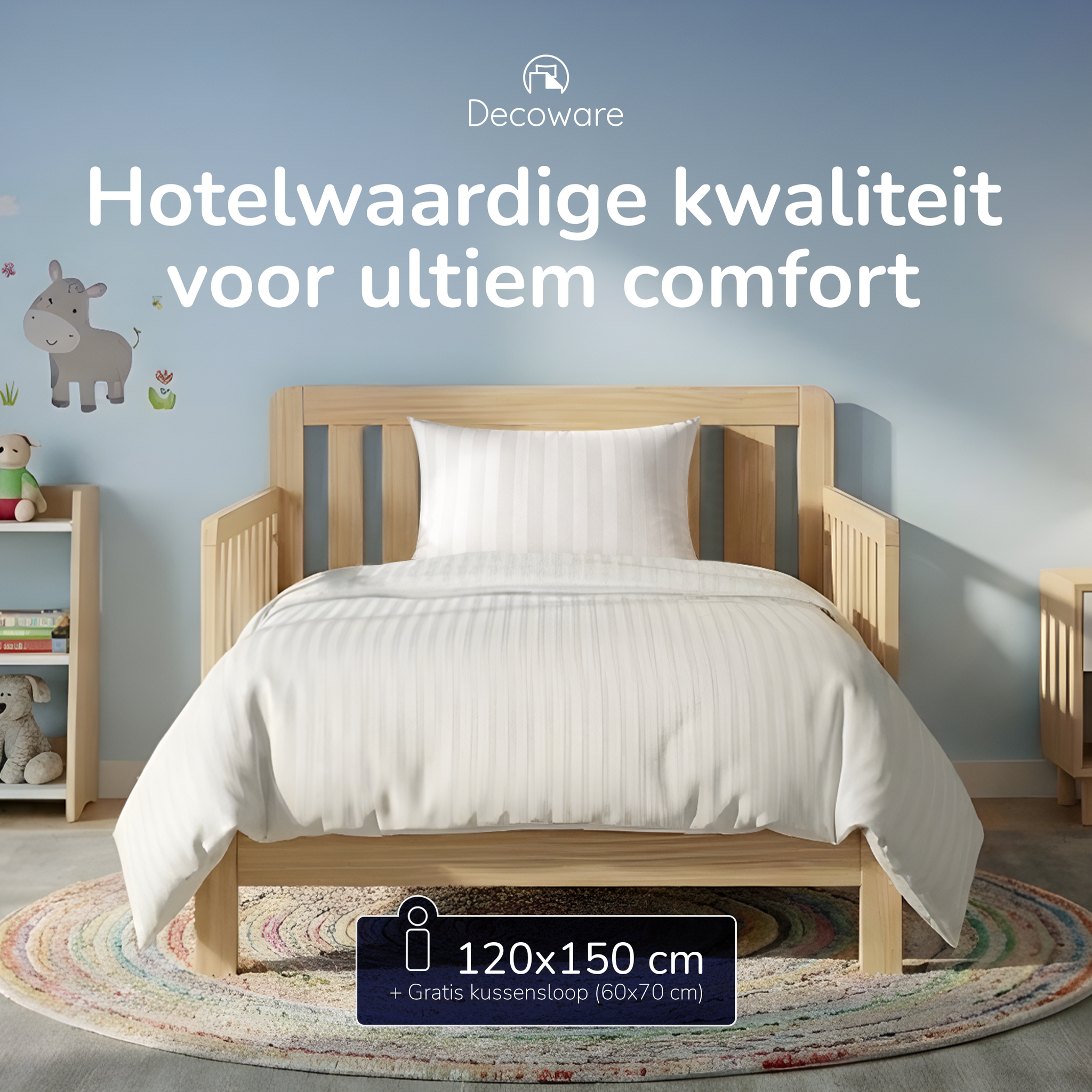 Decoware peuterbed dekbedovertrek Hotelstreep - Wit - katoen satijn - 120x150 + 60x70 cm