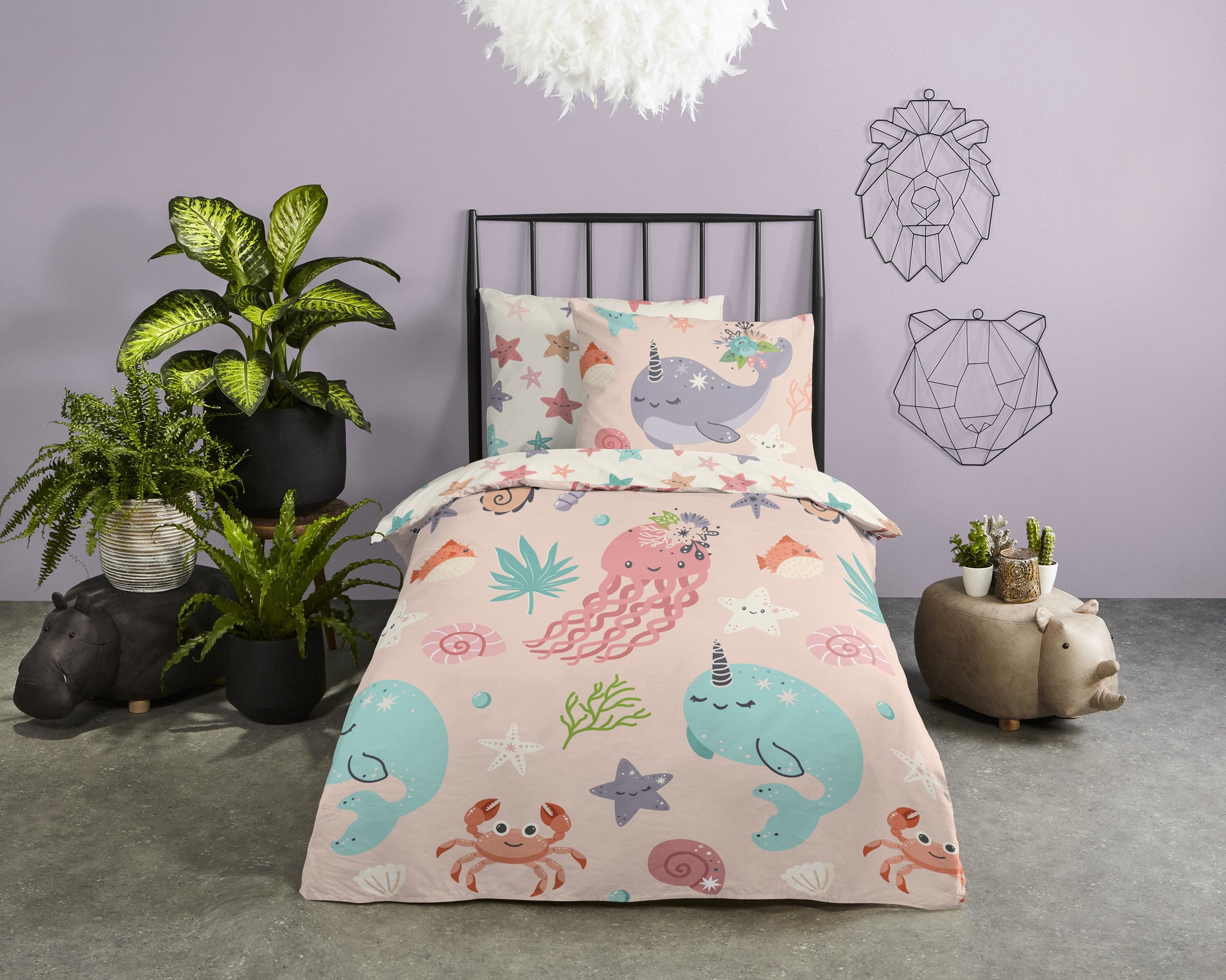 Roze dekbedovertrek met zeedieren