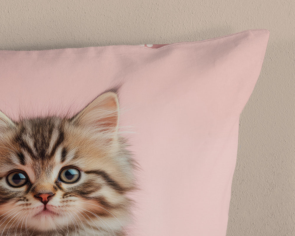 Aminata kids Flanellen Dekbedovertrek, 135 x 200 cm, kattenmotief voor meisjes, roze-grijs, 100% katoen, ritssluiting, warm, zacht en behaaglijk