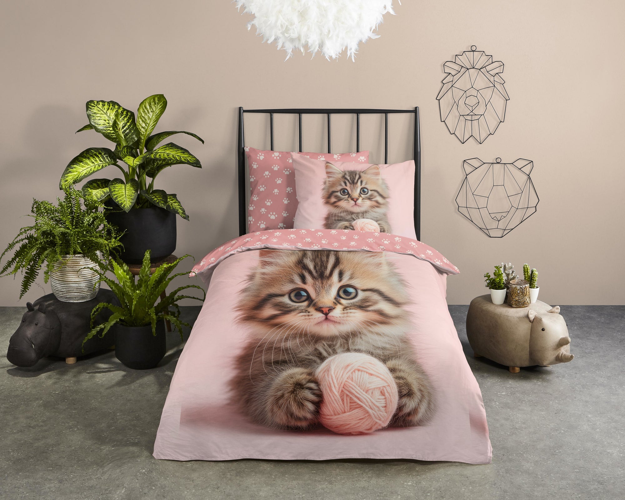 Good morning dekbedovertrek Chat kitten roze - katoen - eenpersoons (140x220 + 60x70 cm)