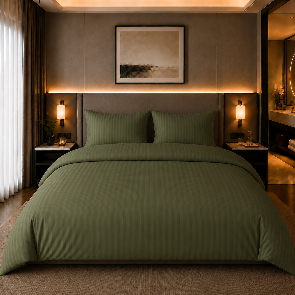 Decoware dekbedovertrek Hotelstreep - groen - katoensatijn
