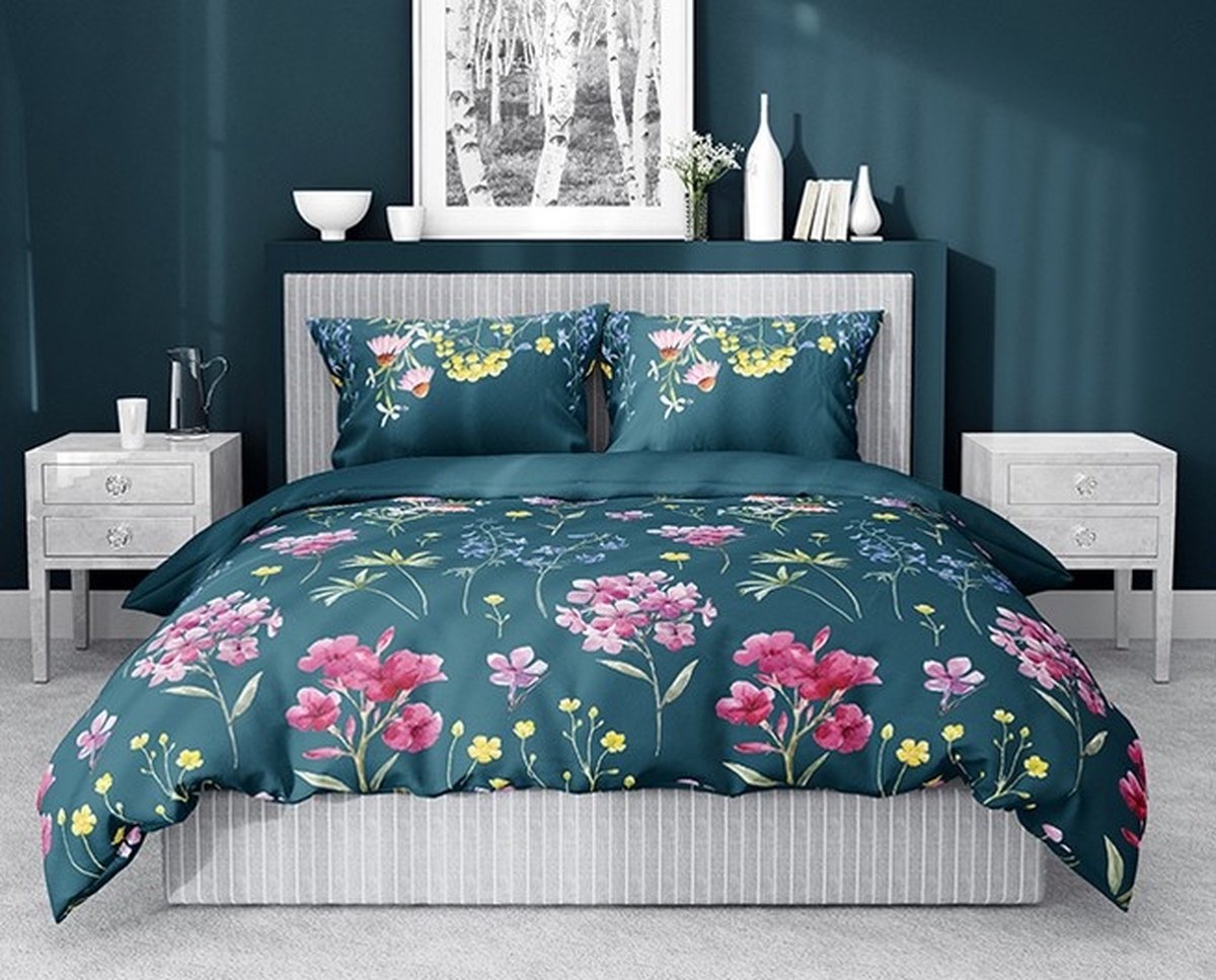 Dekbedovertrek bloemen blauw - Katoensatijn - 1-persoons (140x200 + 70x80 cm)