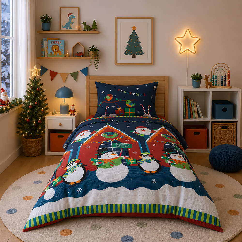Kerst peuter dekbedovertrek Santas Grotto - polykatoen