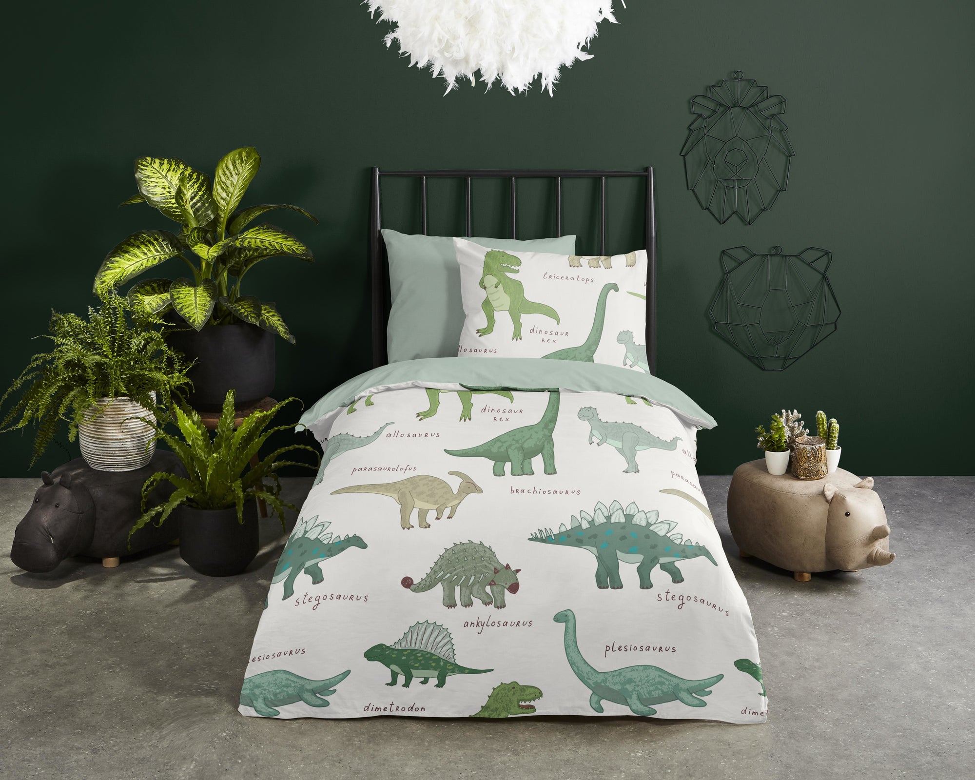 Good morning dekbedovertrek Beata dino - groen - katoen - eenpersoons (140x220 + 60x70 cm)