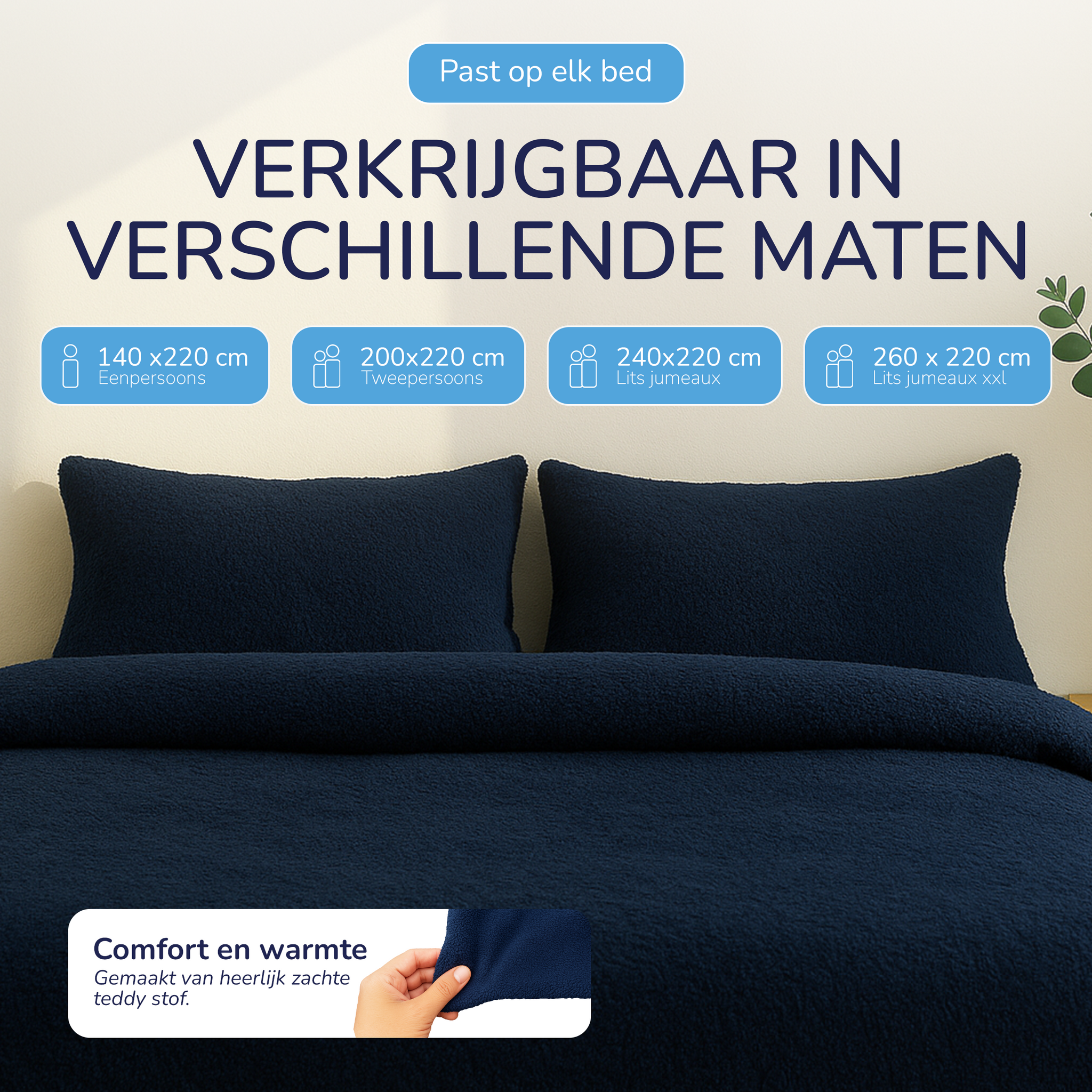 Teddy fleece dekbedovertrek - navy - 2 kanten teddy