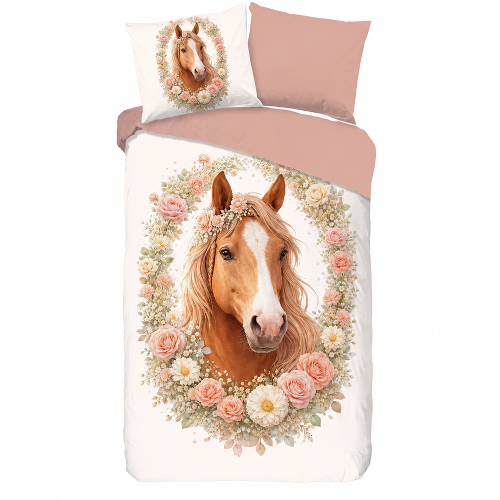 Pure kinderdekbedovertrek Floral Horse - microvezel