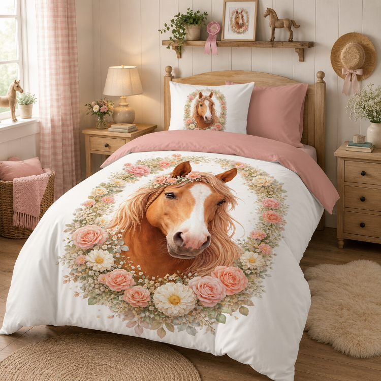 Pure kinderdekbedovertrek Floral Horse - microvezel - sfeerimpressie