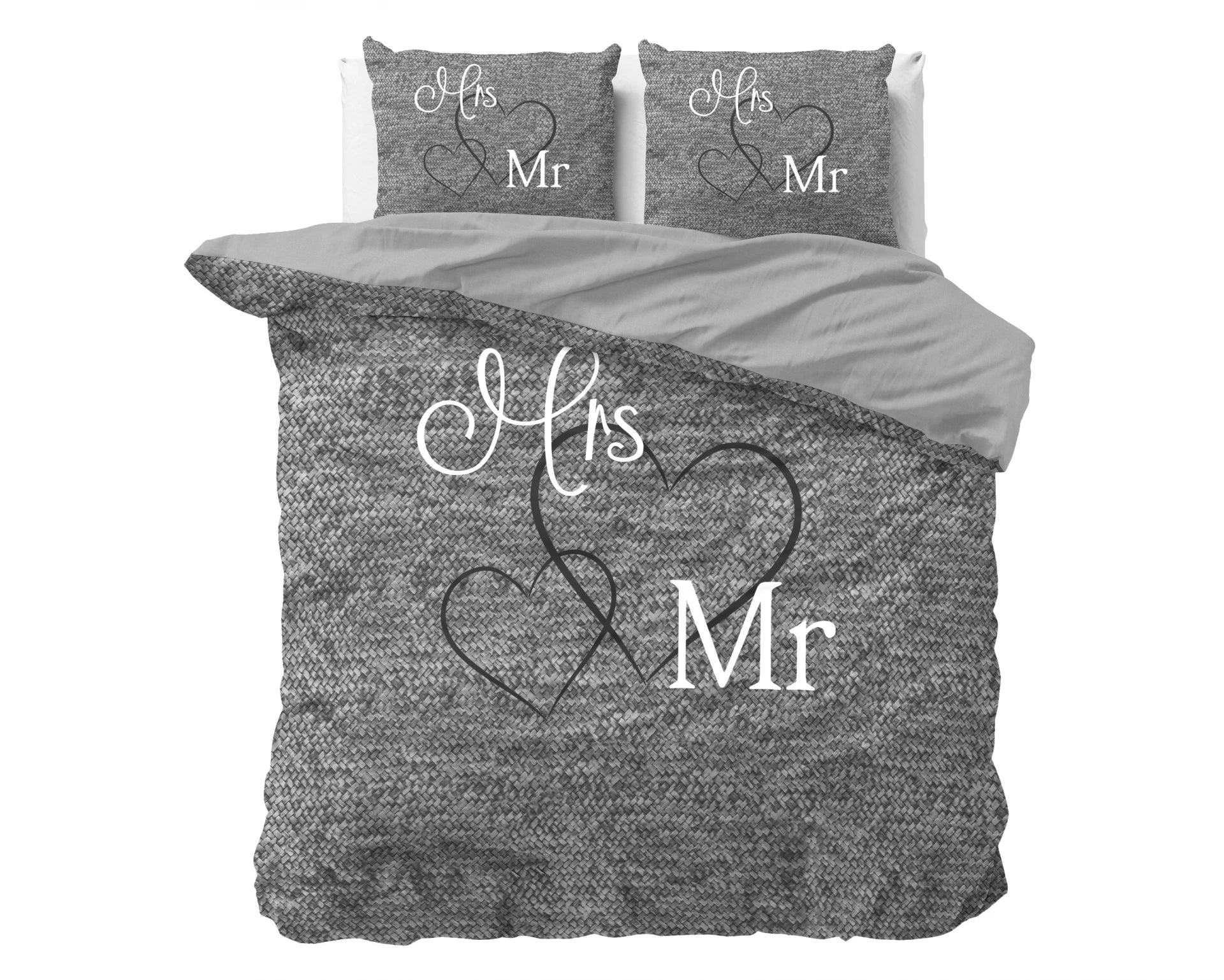 Sleeptime dekbedovertrek Mr & Mrs 3 - Antraciet - Katoen -Lits Jumeaux (240x220 + 2st. 60x70 cm)