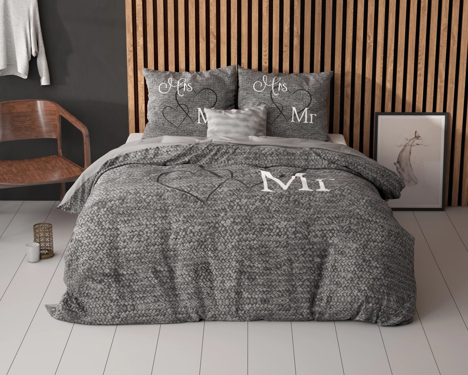 Sleeptime dekbedovertrek Mr & Mrs 3 - Antraciet - Katoen -Lits Jumeaux (240x220 + 2st. 60x70 cm)