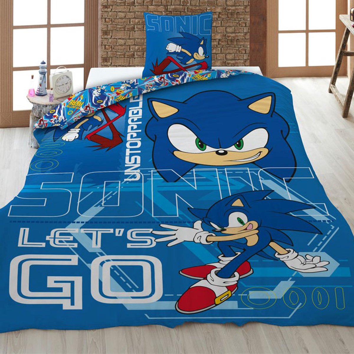 Sonic dekbedovertrek Let's go unstoppable - polykatoen - eenpersoons (140x200 cm + 65x65 cm)