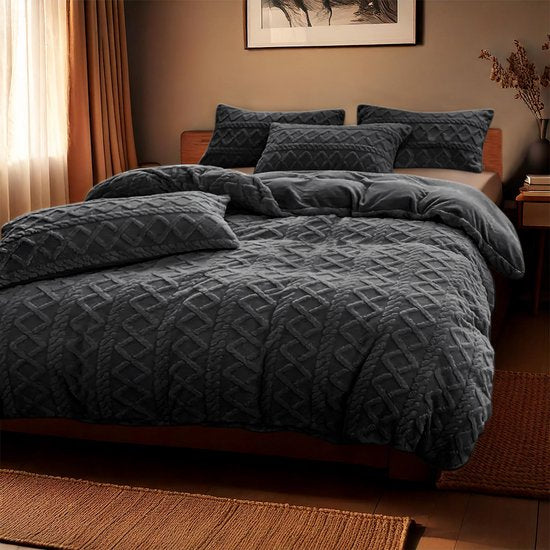Zydante® dekbedovertrek Jaquard Teddy Antraciet - microvezel - eenpersoons (140x220 + 60x70 cm)
