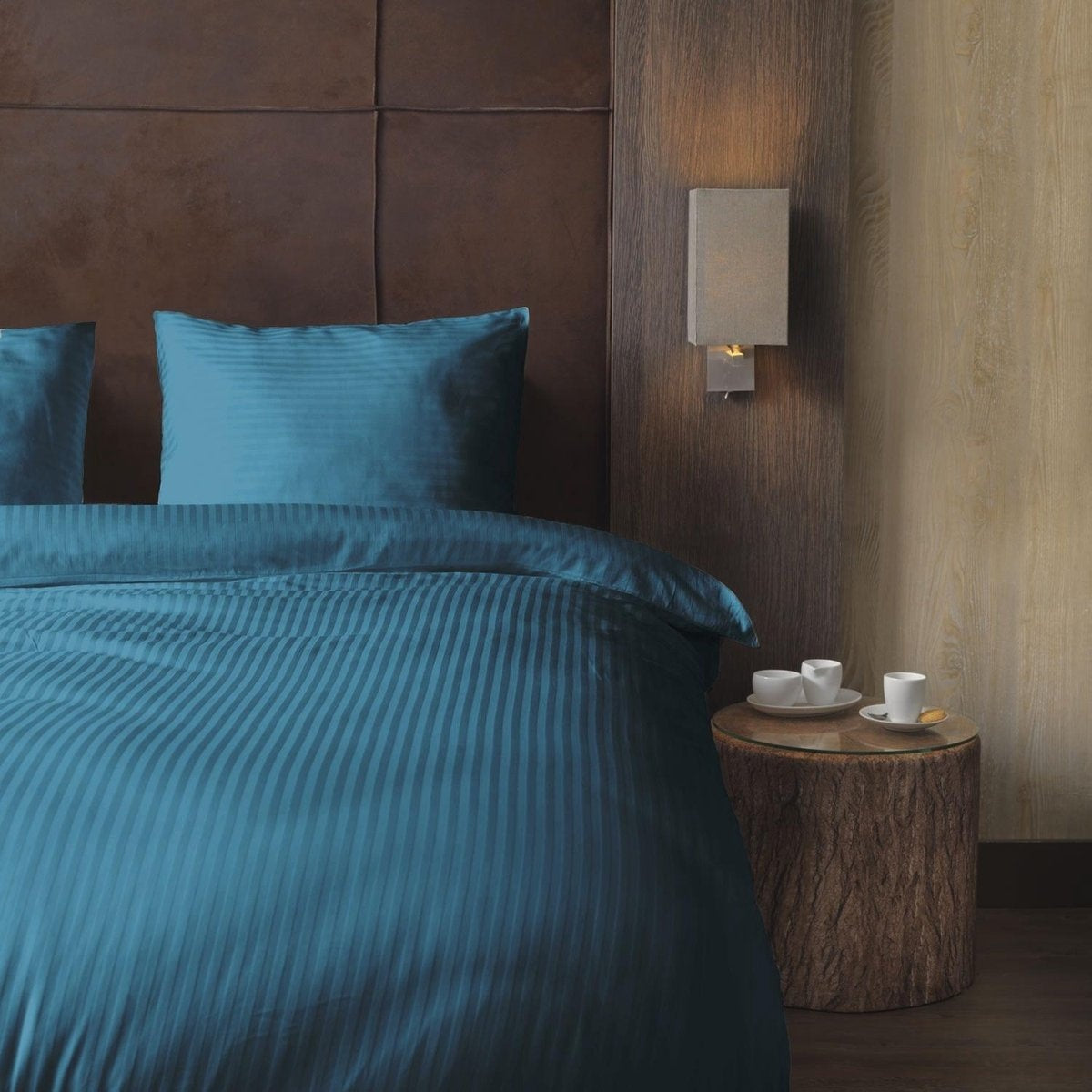 Hotelstreep dekbedovertrek - blauw - katoen satijn