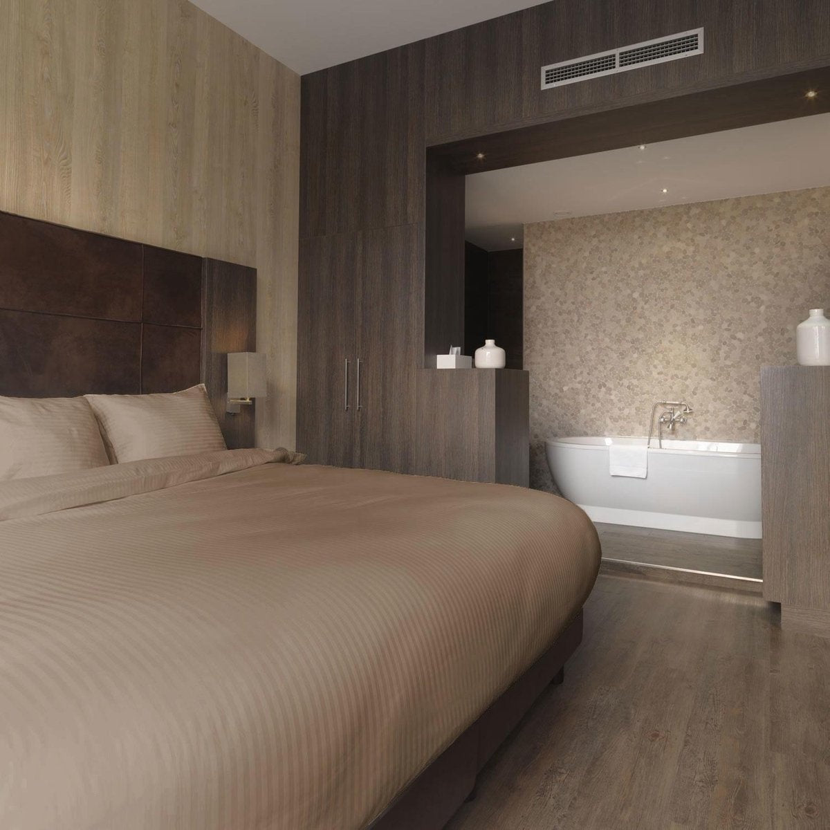 Hotelstreep dekbedovertrek - taupe - katoen satijn