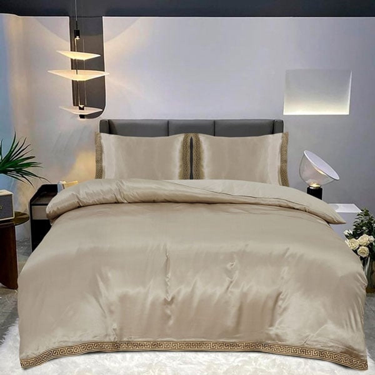 Glans satijn dekbedovertrek Lace - Taupe