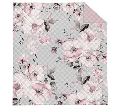 Bedsprei bloemen grijs - achterkant roze - 220x240 cm