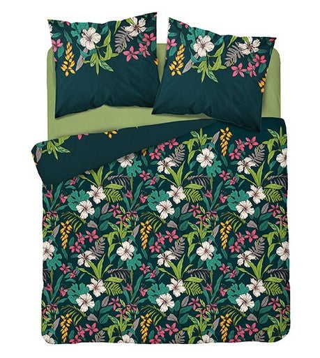 Katoen satijn dekbedovertrek bloemen petrol blauw - 1-persoons (140x200 + 70x80 cm)